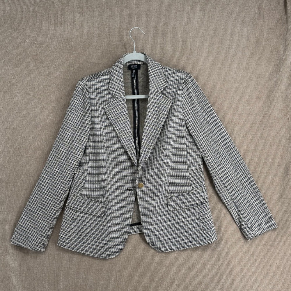 Jones New York Signature Womens Plaid Knit Blazer Jacket Tan Black White Size M